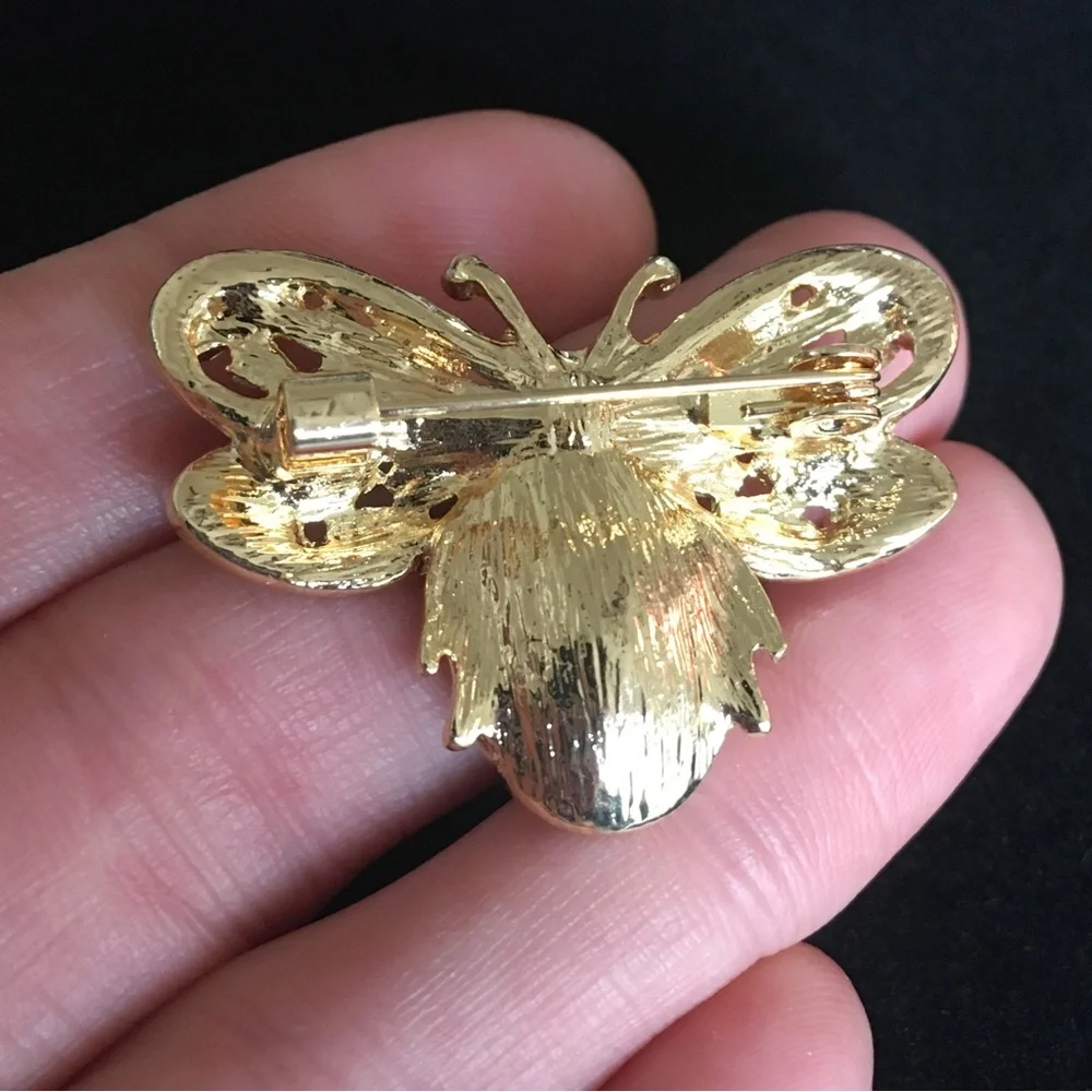 Bumblebee Green and Gold Tone Rhinestone Brooch Pin